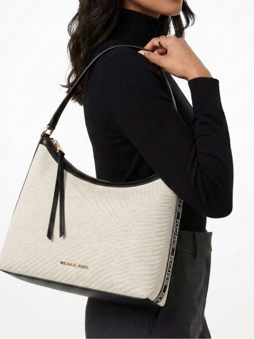 NEW $358 Michael Kors Maeve Large Hobo Bag Cream Beige Black Canavas Leather